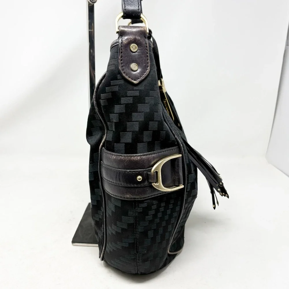 Cole Haan Black Checkered Fabric Leather Hobo Bag Tassel Gold Hardware